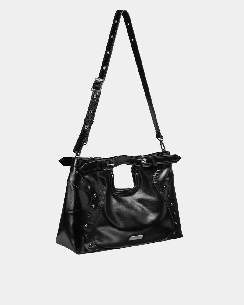 Black oily leather motorcycle-style bag